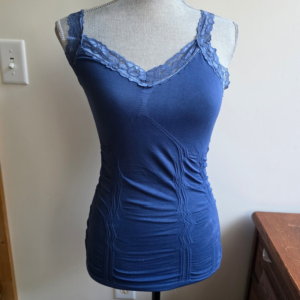 Zee Gee Vintage Y2K Blue Lace Trim Ribbed Cami Coquette Soft Girl One Size